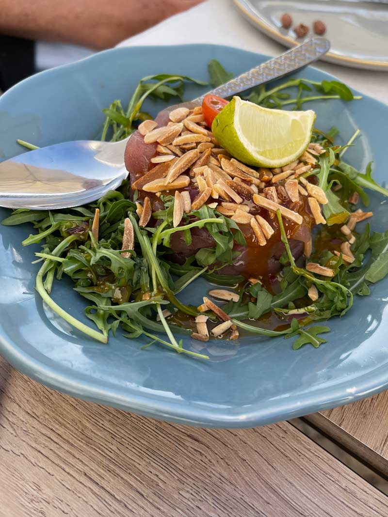 Thunfisch Tartar (Thunfisch, Zwiebeln, Chilli, Mango und geröstete Mandeln) - 8,50€