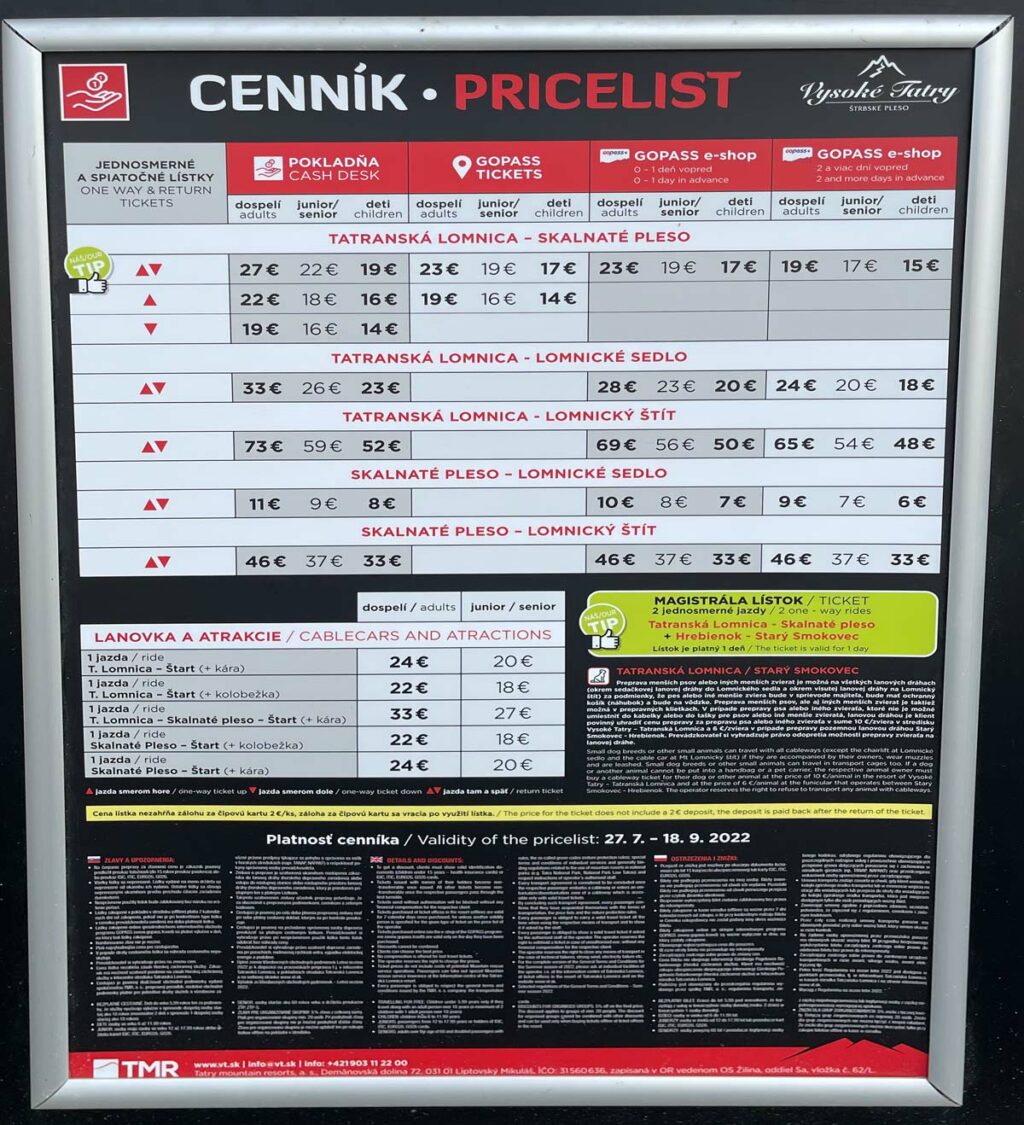 Die Preise für die Fahrten auf den Berg (Stand: Sommer 2022)
